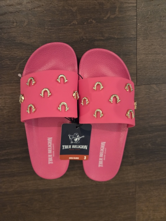 True Religion Other - NWT True Religion Pink Slide Sandals with Gold Accents